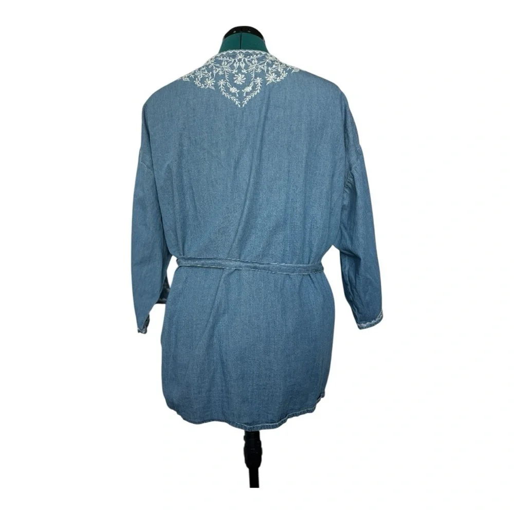 Coldwater Creek Blue Denim Kimono Wrap Top with White Embroidery Sz XL - Picture 6 of 12